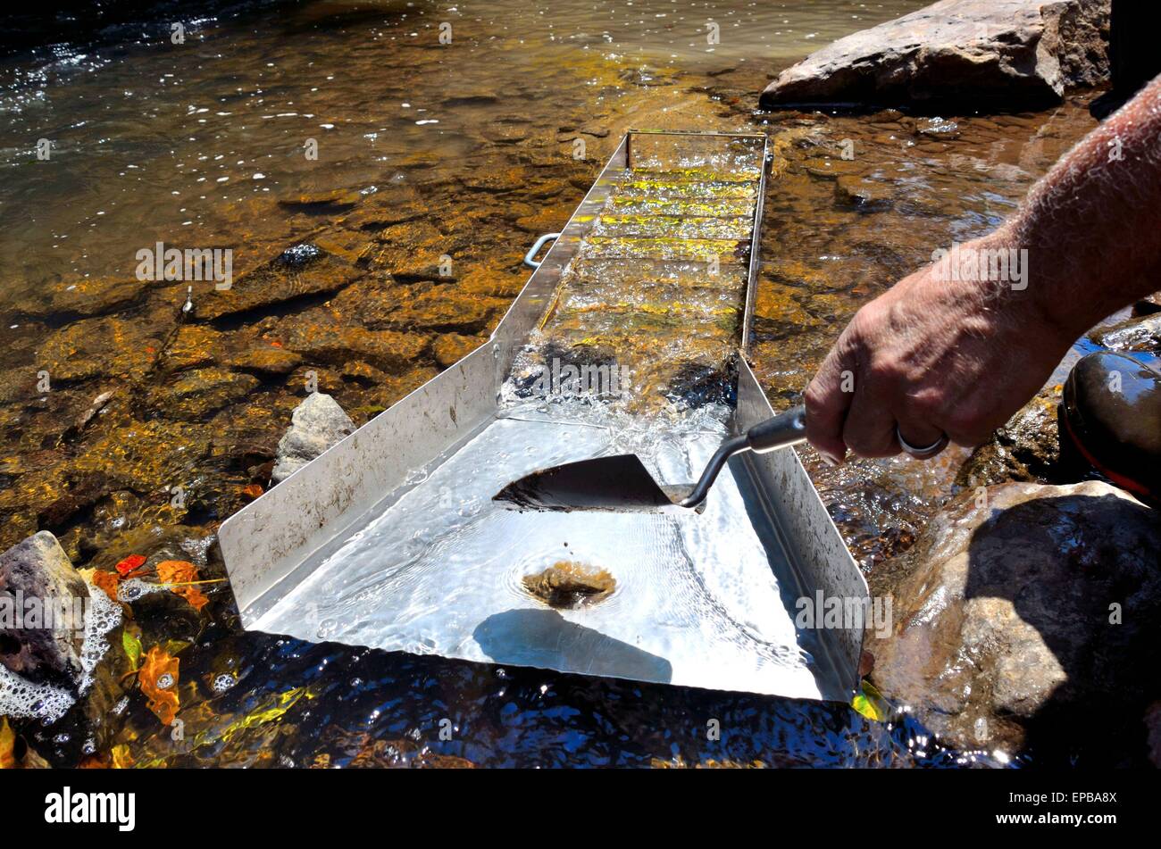 Bergbau für Gold mit einer Schleuse Box Set up im Fluss Stockfoto
