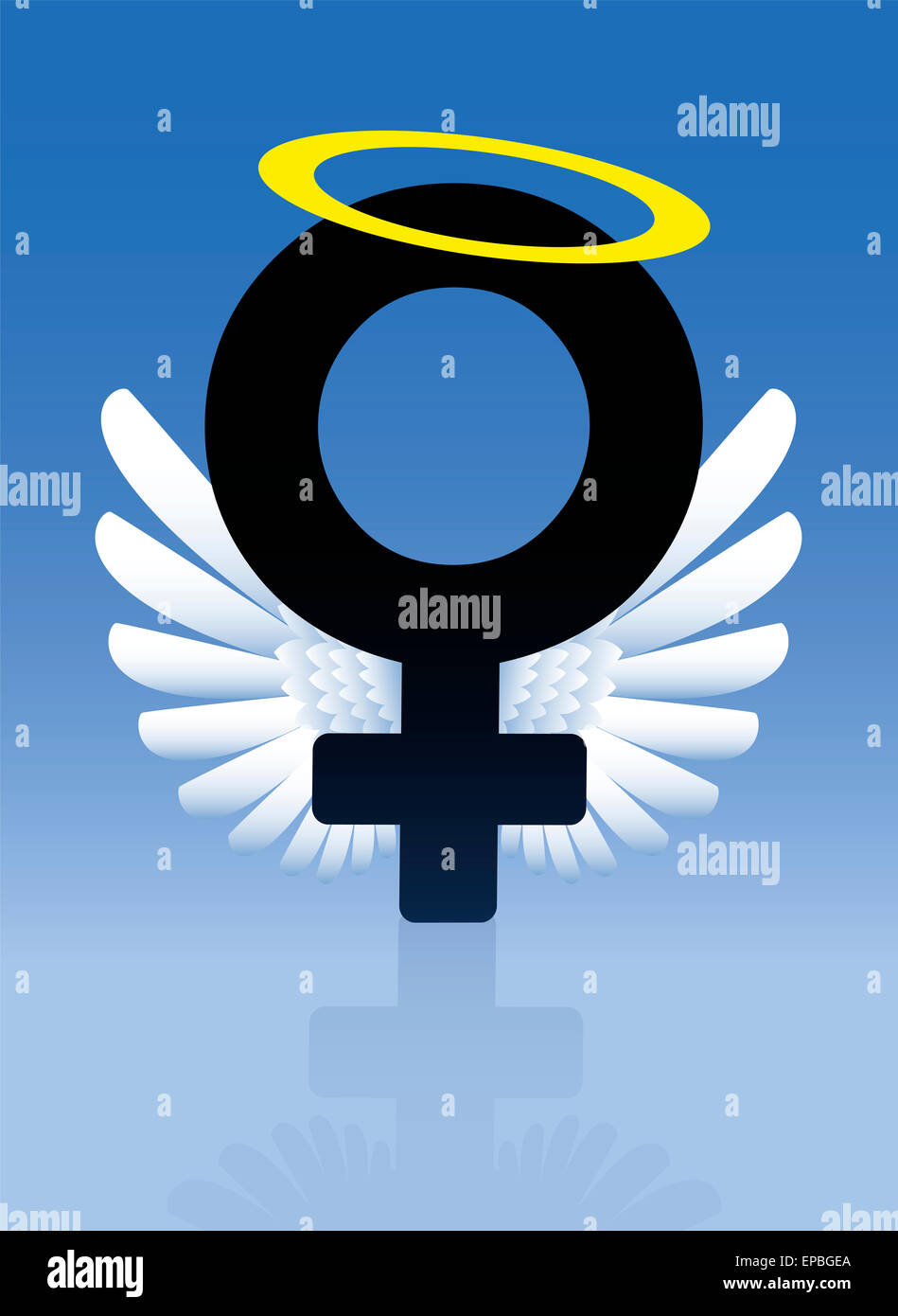 Weibliche Engel mit Flügeln und Aureola als Symbol für ein gutes Mädchen. Stockfoto