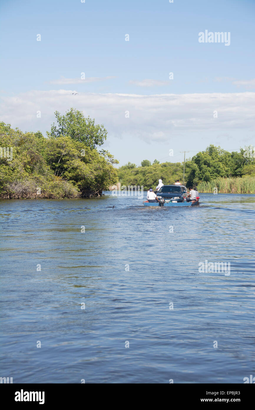 Fähre über den Kanal Chiquimulilla durch Mangrovensumpf zwischen Monterrico und La Avellana Guatemala Stockfoto
