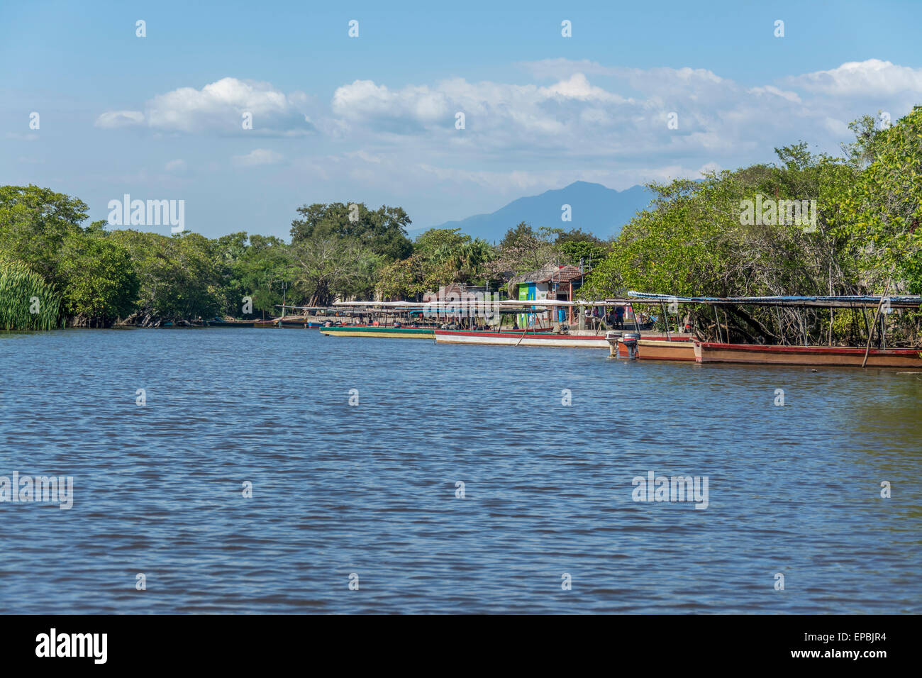 Dock-Bereich in La Avellanav Guatemala für Boote und Fähre über den Kanal Chiquimulilla durch Mangrovensumpf, Monterrico Stockfoto