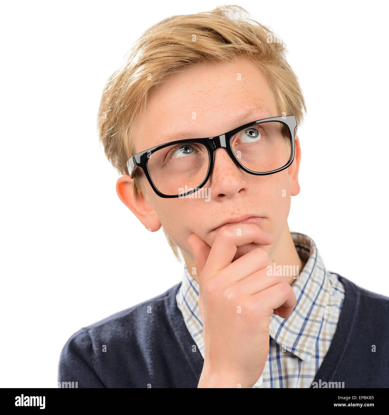 Nachdenklich Nerd Boy Geek Brille Stockfoto