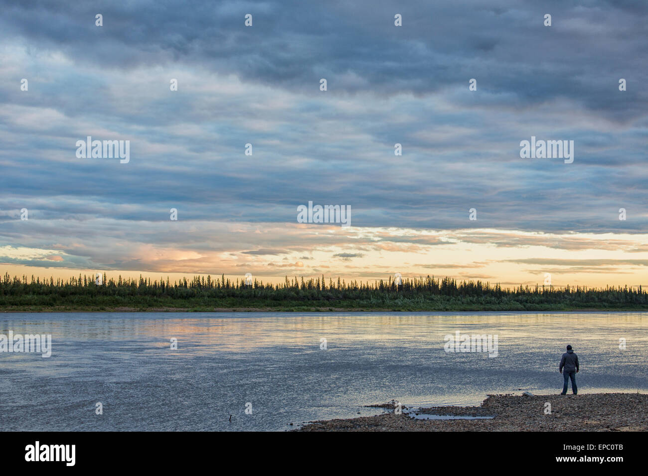 Mann steht am Ufer des Porcupine River; Old Crow, Yukon Stockfoto