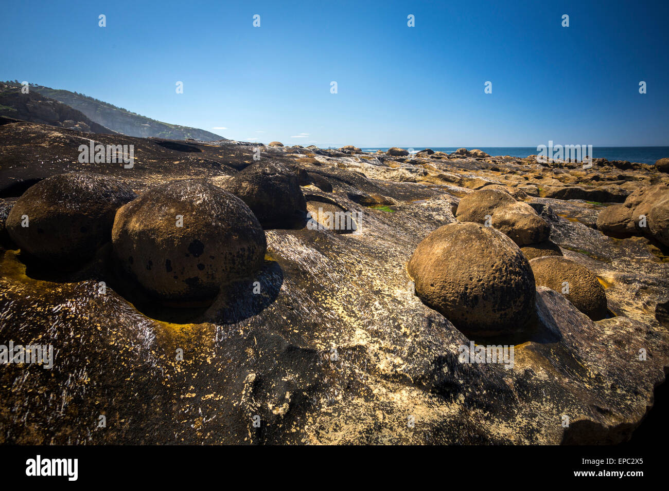 Paramoudras eingebettet in Sandstein von Guipúzcoa Küste (Spanien). Paramoudras Enchassés Dans le Sénat De La Côte de Guipuscoa Stockfoto