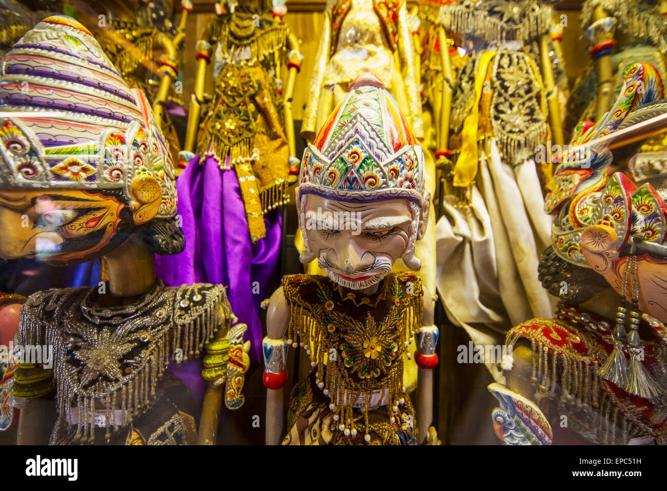 Wayang Golek Marionetten von Java auf dem Display an das Setia Darma Haus von Masken und Marionetten, Tegal Bingin, Bali, Indonesien Stockfoto