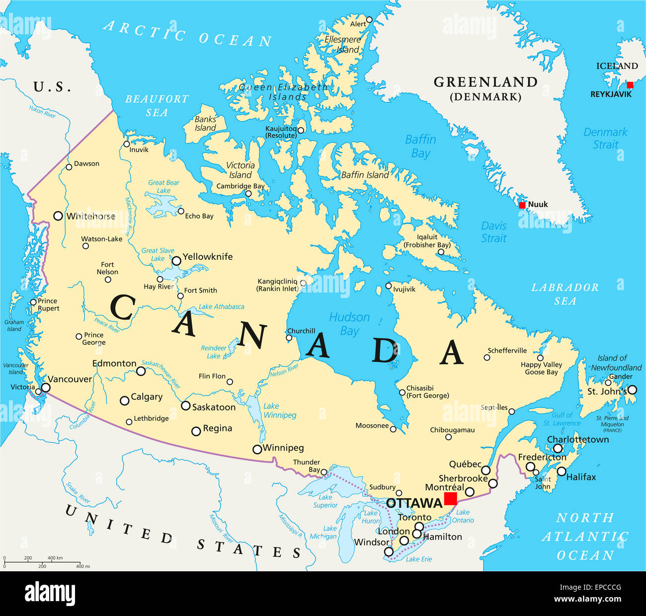 Kanada politische Karte mit Hauptstadt Ottawa, Landesgrenzen, wichtige Städte, Flüsse und Seen. Englische Beschriftung und Skalierung. Stockfoto