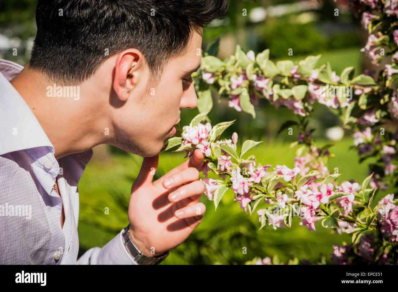 Hübscher junger Mann im Garten duftender Blumen an einem sonnigen Tag Stockfoto