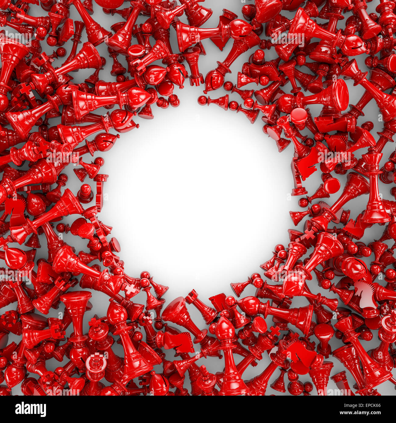 3D Render von Hunderten von roten Schachfiguren framing Textfreiraum Stockfoto