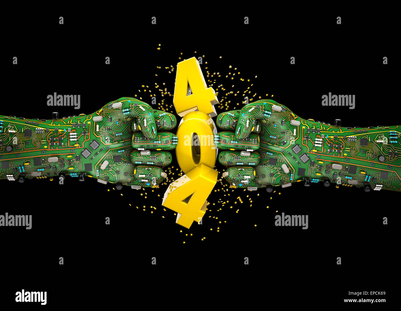 3D-Render Fäuste Leiterplatte zerkleinern 404 Fehler gemacht Stockfoto