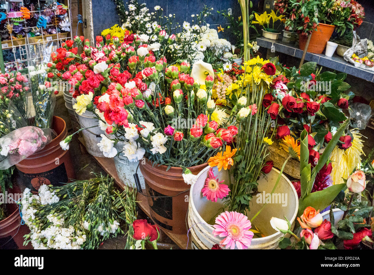 Fülle von frischen Frühlingsblumen in der herrlichen Verwirrung an Floristen stand im Hauptmarkt San Cristobal de Las Casas Chiapas Stockfoto