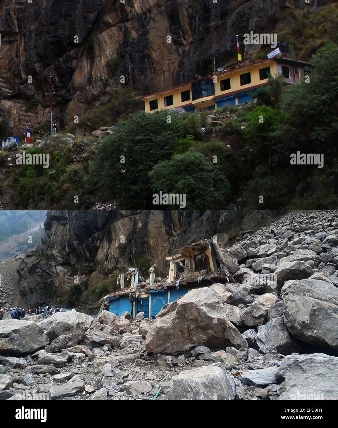 Kathmandu. 16. Mai 2015. Combo Foto bzw. am 16. April 2015 (oben) und 16. Mai 2015 zeigt das Gebäude von Nepal China Kerung Business Association im Rasuwa, Nepal. Das gesperrte Gebiet wurde mit Hilfe der Verkehr Rettungsteam von Chinas bewaffnete Polizei geräumt. Die Zahl der Todesopfer durch Nepals frische Mai 12 Beben hat 136, damit die Gesamtzahl der Todesopfer von zwei großen Beben im Land zu 8.485 kletterte und die Anzahl der verletzten, 101.182, sagte Nepals des Innenministeriums am Samstag. © Sunil Sharma/Xinhua/Alamy Live-Nachrichten Stockfoto