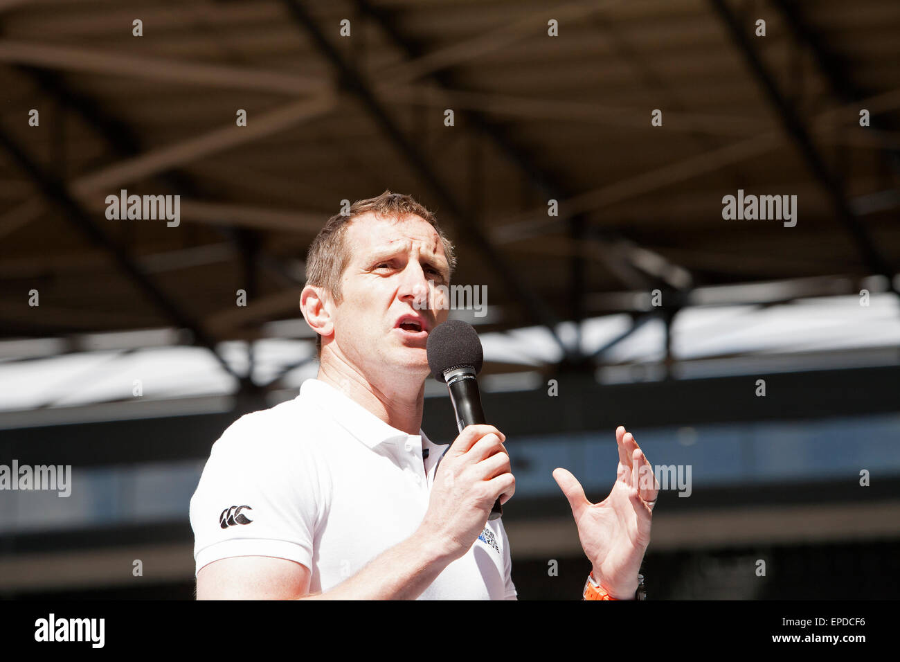 Greenwood, Rugby World Cup 2003 Sieger wird und England Rugby 2015 Botschafter spricht im Milton Keynes-Stadion Stockfoto