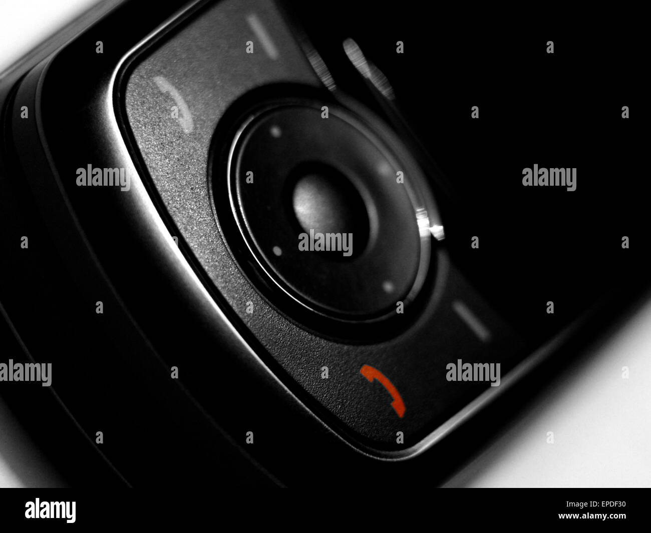 Mobiltelefon mit roten deby Knopf Stockfoto