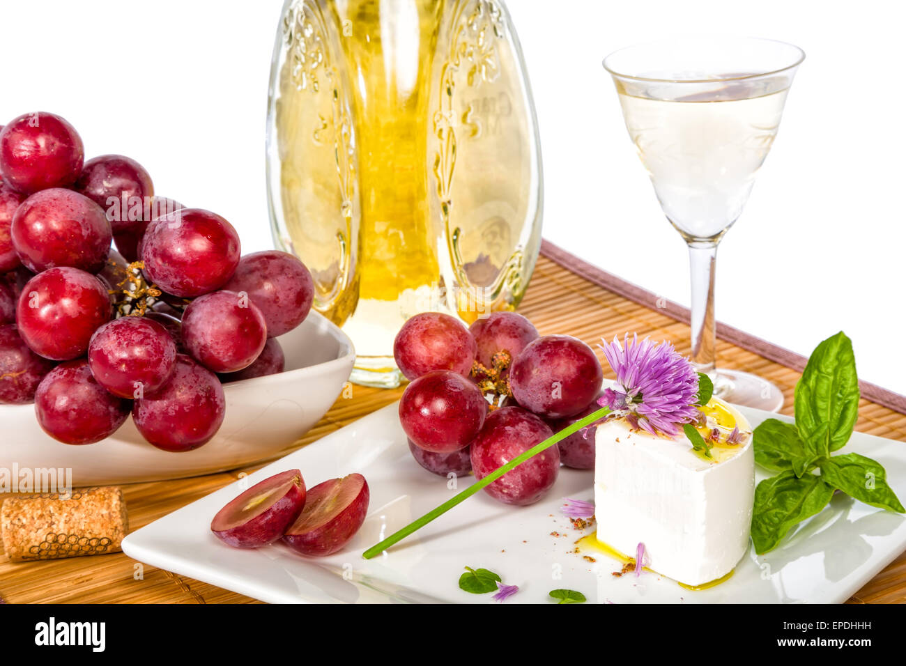 Käse, Trauben und Wein - zarte Kombination Stockfoto