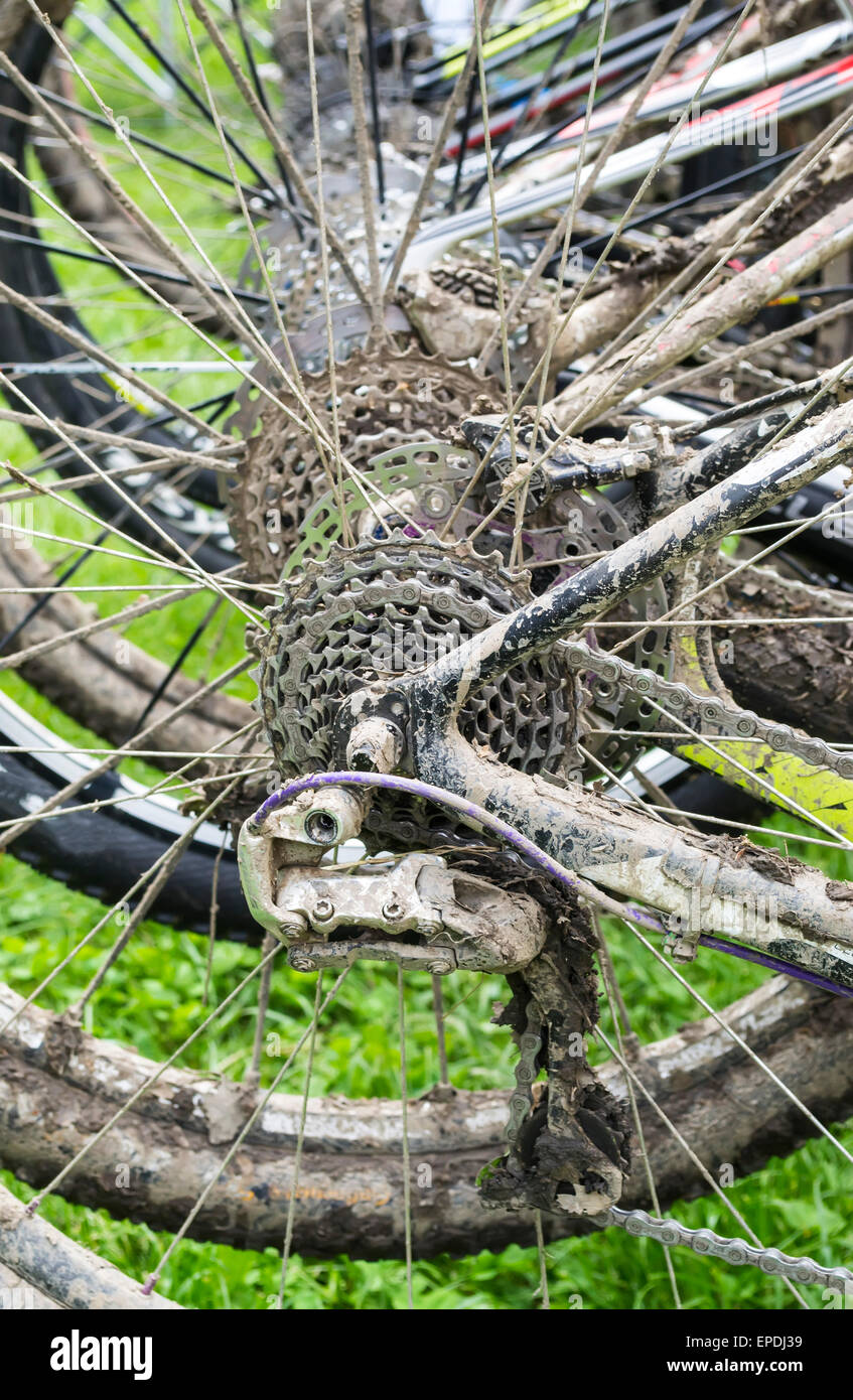 Zeile der hinteren Mountain Bike Räder hängend auf Stand und nach einer Fahrt im schlammigen Oberfläche verschmutzt Stockfoto