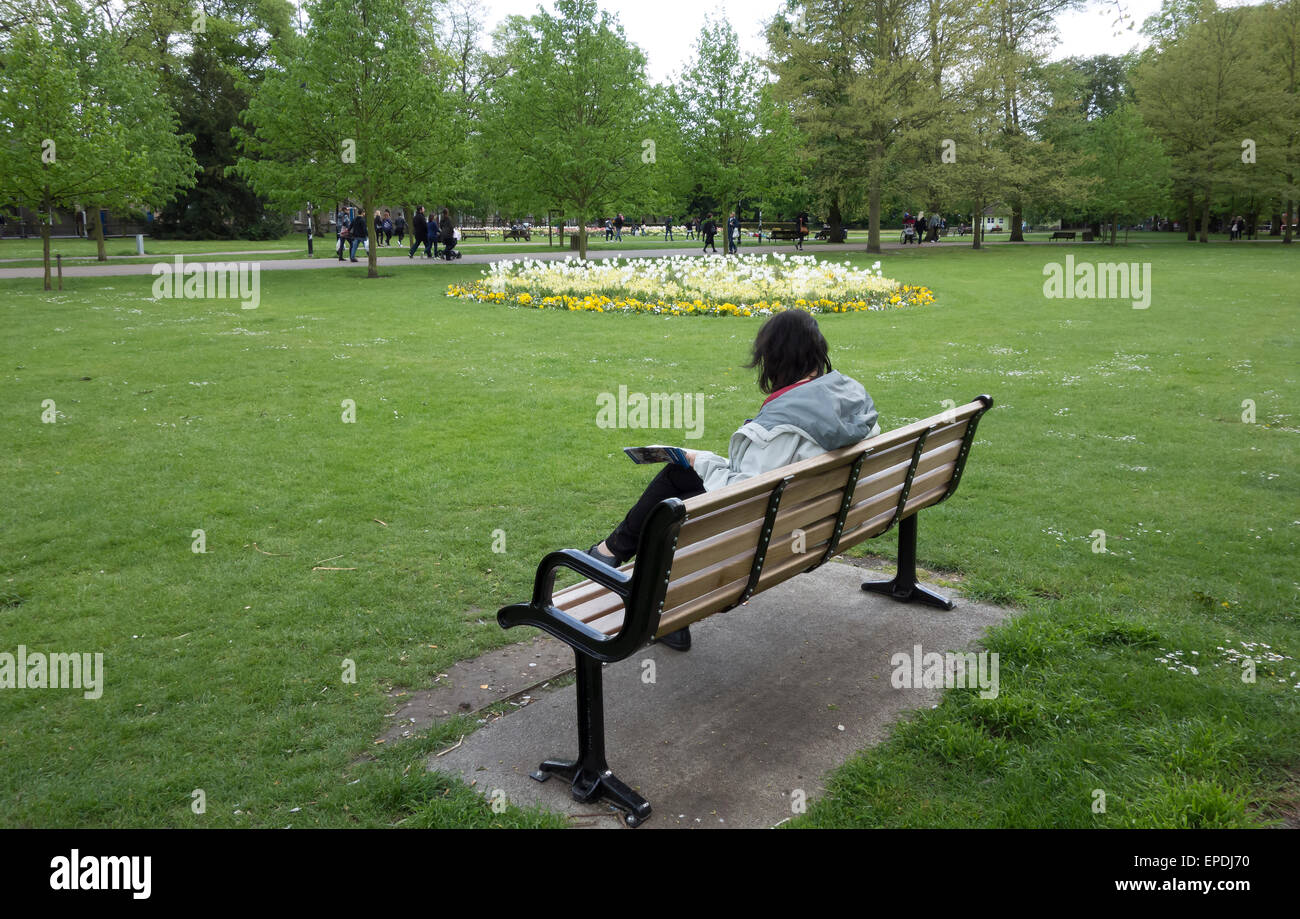 Frau saß auf der Parkbank Cambridge City Cambridgeshire England lesen Stockfoto