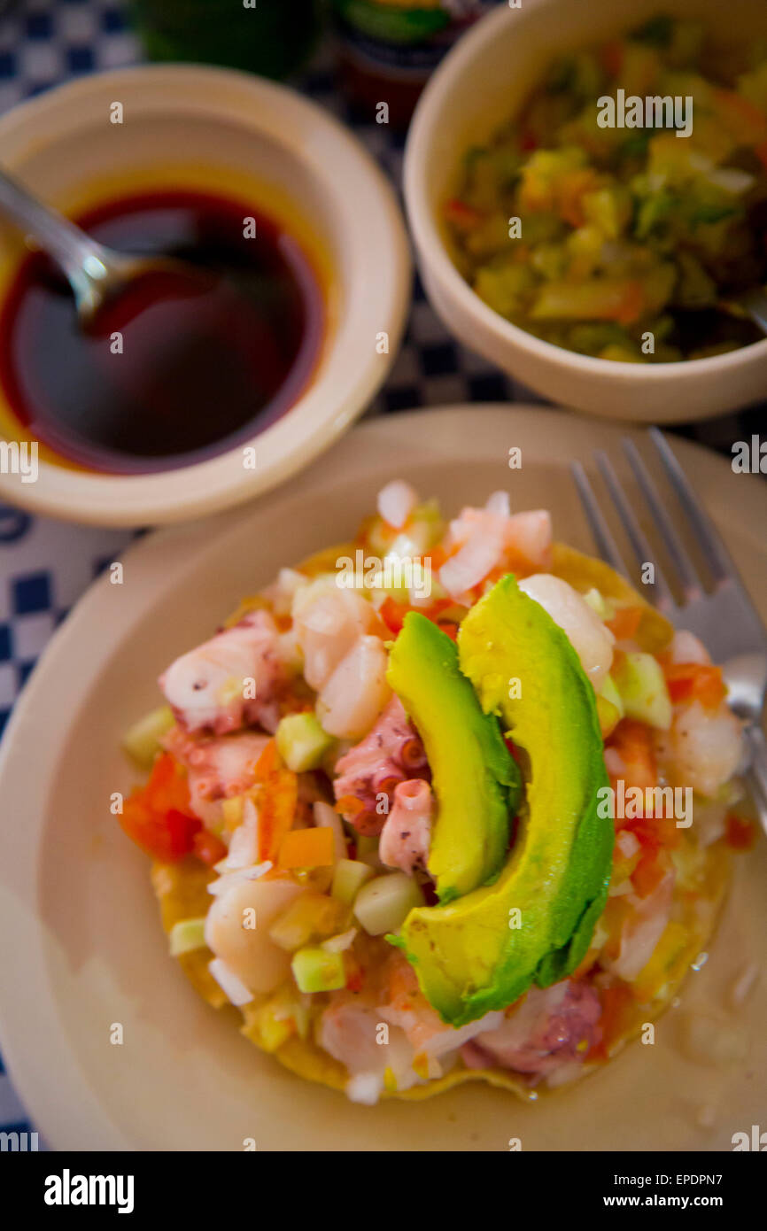 Ceviche, Pichis Meeresfrüchte Reastaurant, Vallarta Food Tours, El Pitillal, Puerto Vallarta, Jalisco, Mexiko Stockfoto