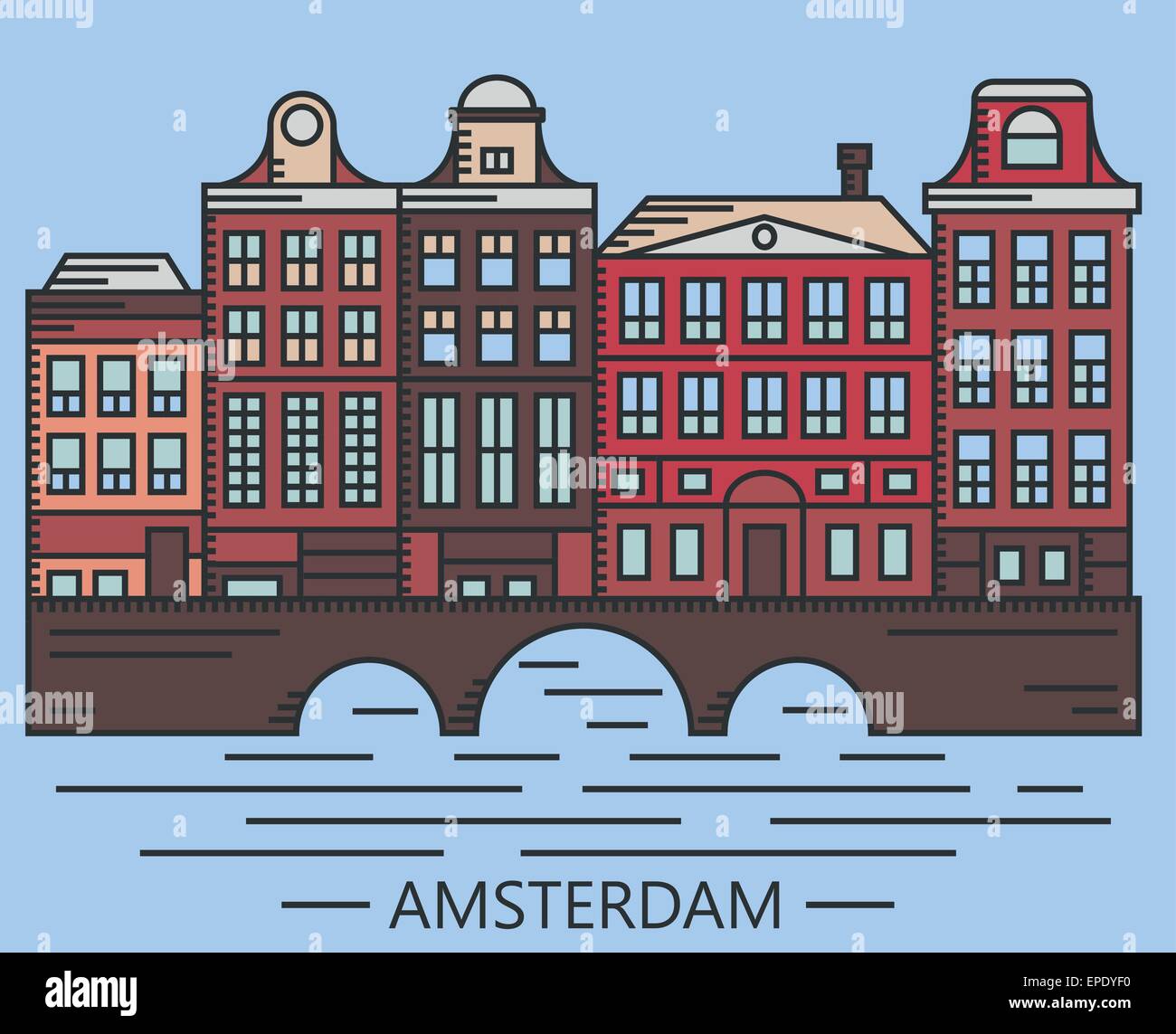 Old Amsterdam Holland Häuser auf Brücke Set Vektorgrafik gezogene Linie Stock Vektor