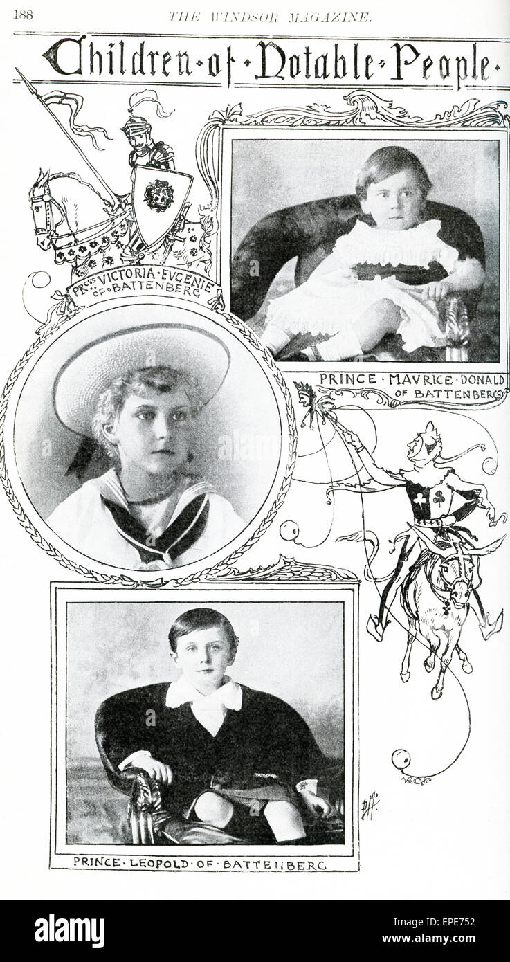 Die Kinder sind hier abgebildet: Prince Maurice Donald von Battenberg (1891-1914) war der jüngste Enkel von Königin Victoria, Prinzessin Victoria Eugenie von Battenberg (1887-1969) war die Enkelin von Königin Victoria und Königin von Spanien als Frau von Alfonso XIII, Prinz Leopold von Battenberg (1882-1922) war ein Enkel von Königin Victoria. Die Battenbergs waren hessischen Fürstenhauses und der britischen Großfamilie. Während des ersten Weltkrieges die Familie ihre deutschen Titel aufgegeben und änderte ihren Namen in Mountbatten. Stockfoto