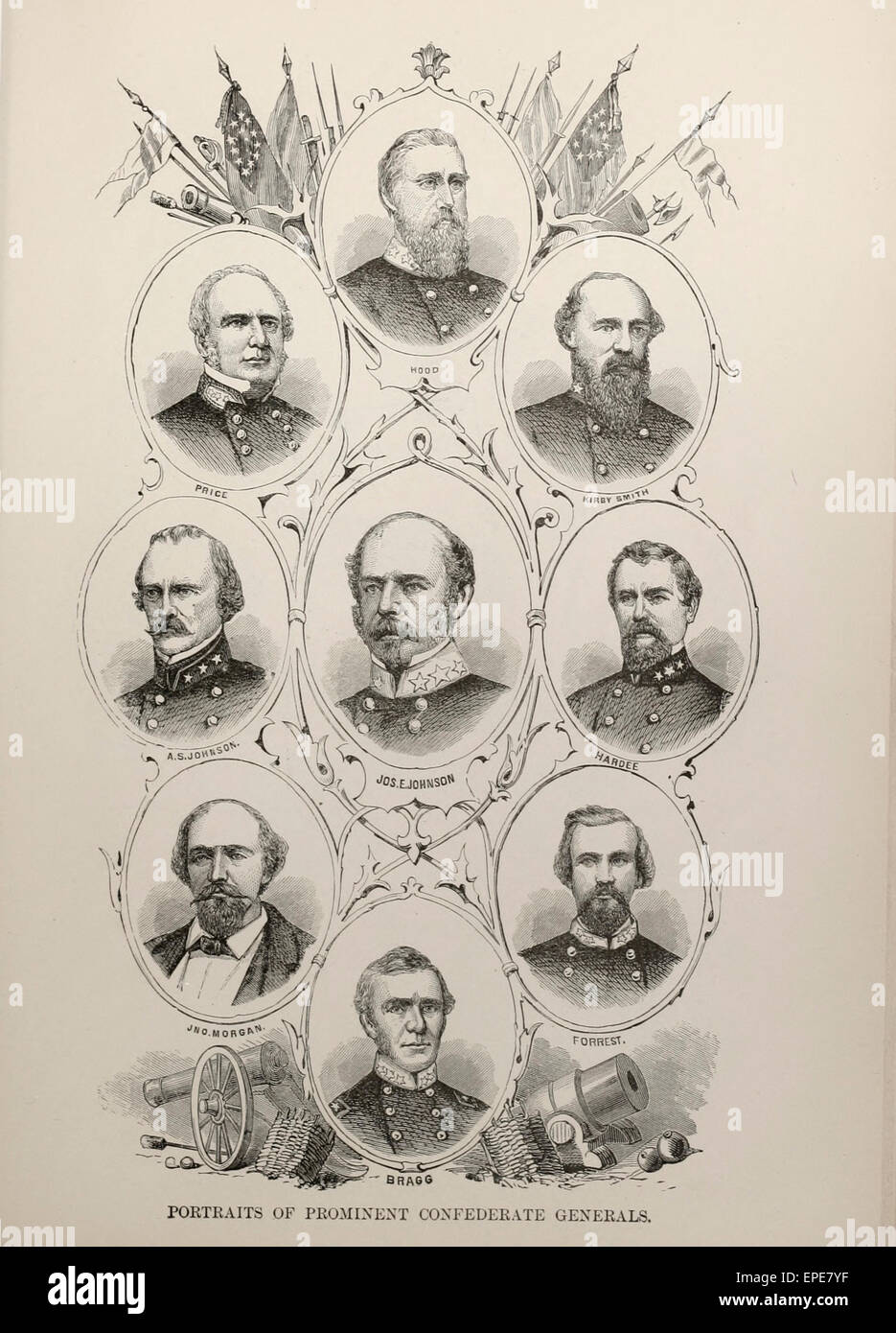 Porträts von prominenten Konföderierten Generäle während des Bürgerkriegs der USA - Joseph E Johnson, Morgan, Hardee, Kirby Smith, Kapuze, Preis, Forrest, A.S. Johnson, Bragg Stockfoto