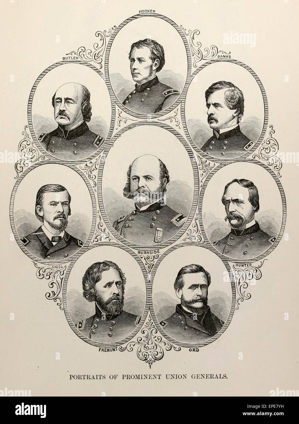 Porträts von prominenten Union Generäle während des Bürgerkrieges USA - Fremont, Ord, Burnside, Hunter, Sigel, Butler, Hooker, Banken Stockfoto
