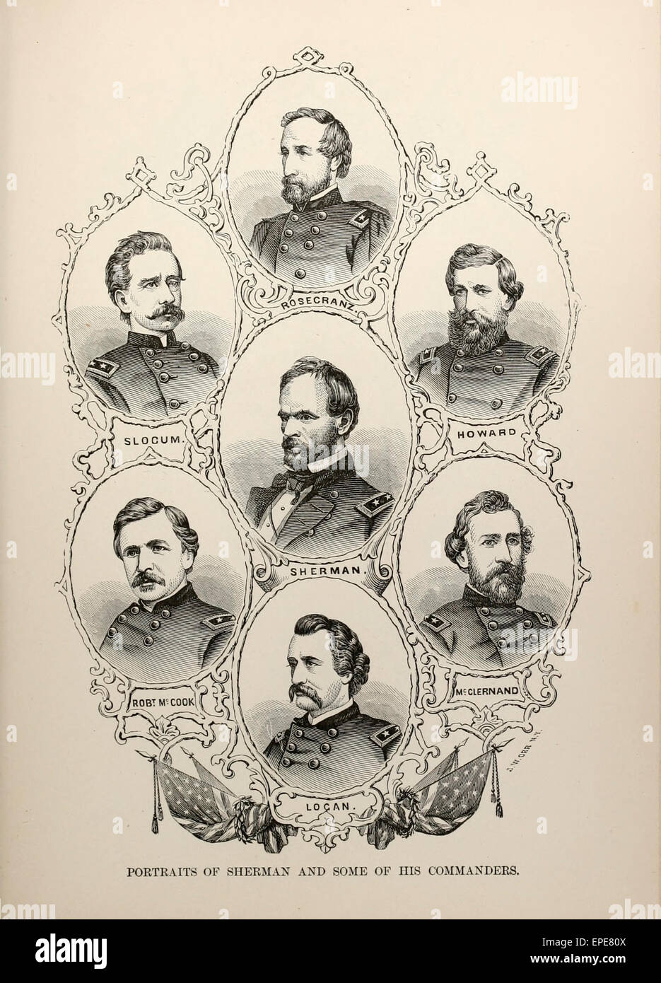 Porträts von General William T. Sherman und einige seiner Kommandanten während des USA Bürgerkriegs - Sherman, Logan, Slocum, Howard, McClernand, Robert Cook Stockfoto