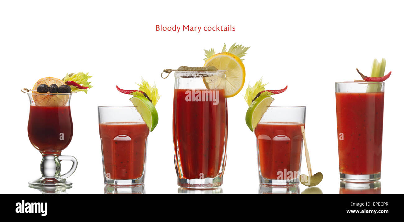 Sammlung von Bloody Mary alkoholische Cocktails isoliert auf weiss Stockfoto