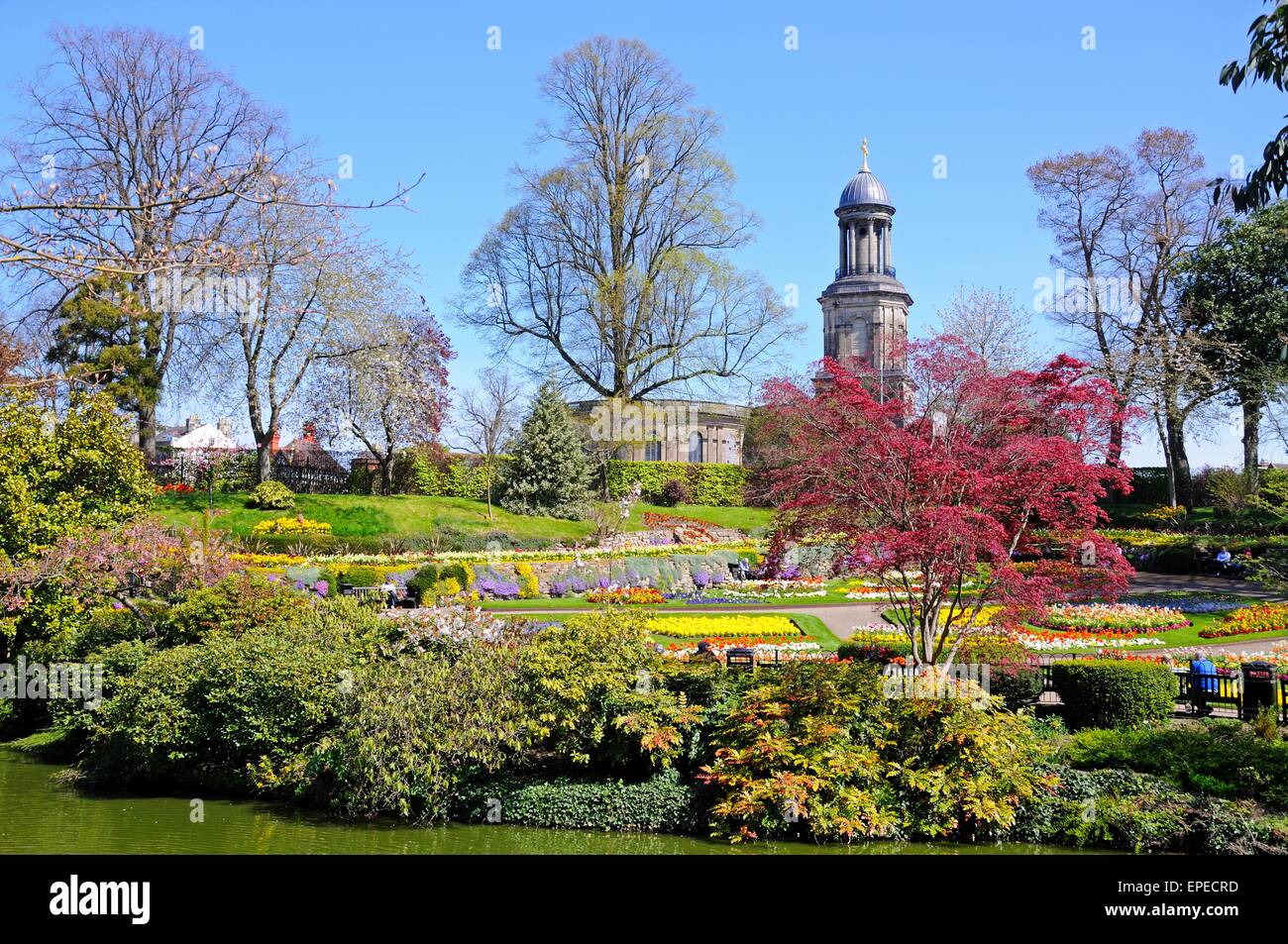 Blick auf die Dingle formalen Garten in Quarry Park im Frühling mit St. Chads Kirche nach hinten, Shrewsbury, Shropshire, Stockfoto