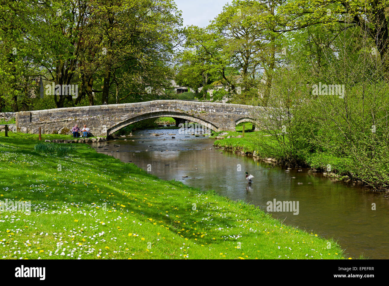 Fußgängerbrücke über Linton Beck, in das Dorf von Linton, Wharfedale, Yorkshire Dales National Park, North Yorkshire, England UK Stockfoto