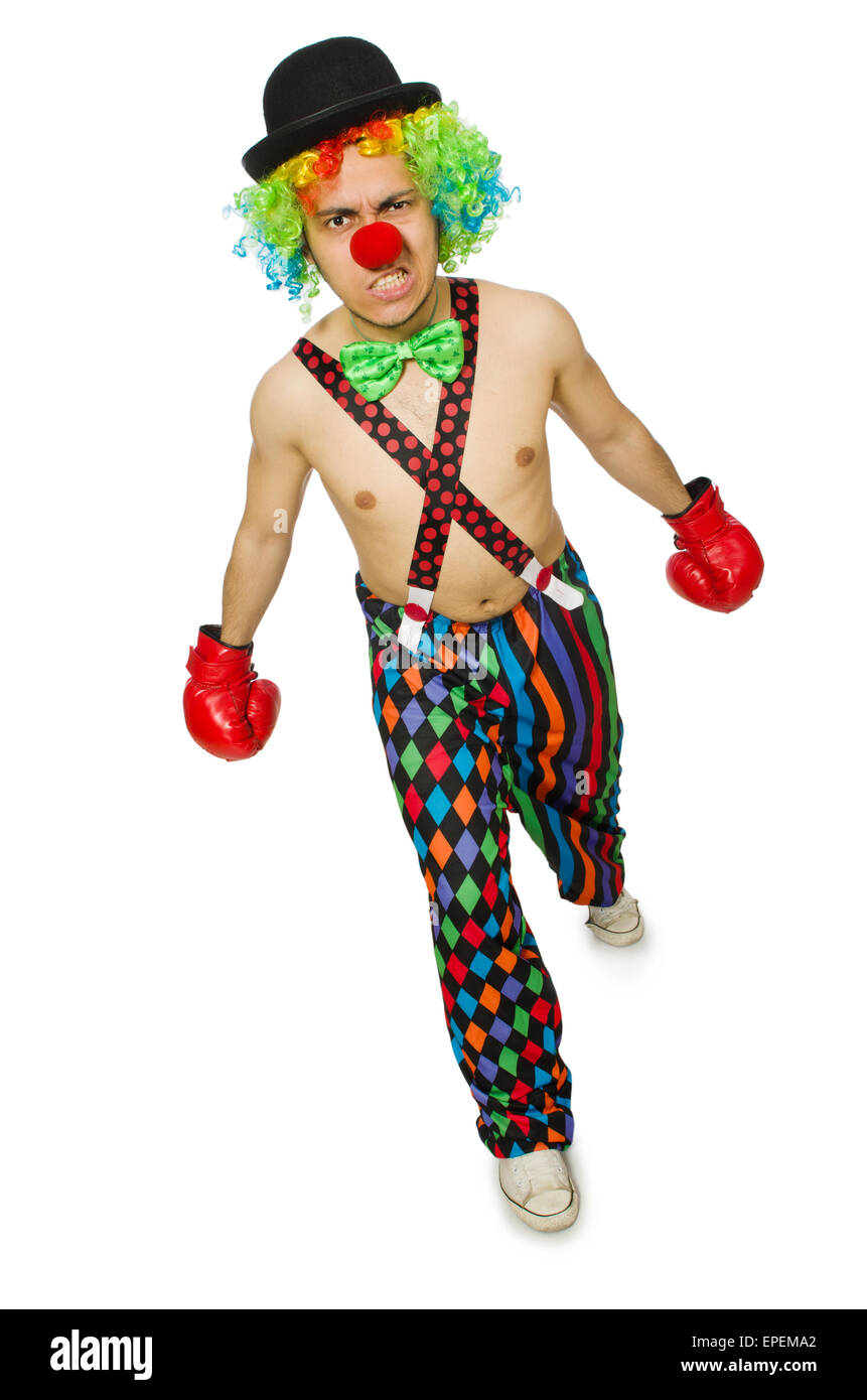 Clown mit Boxhandschuhen isoliert auf dem weißen Stockfoto
