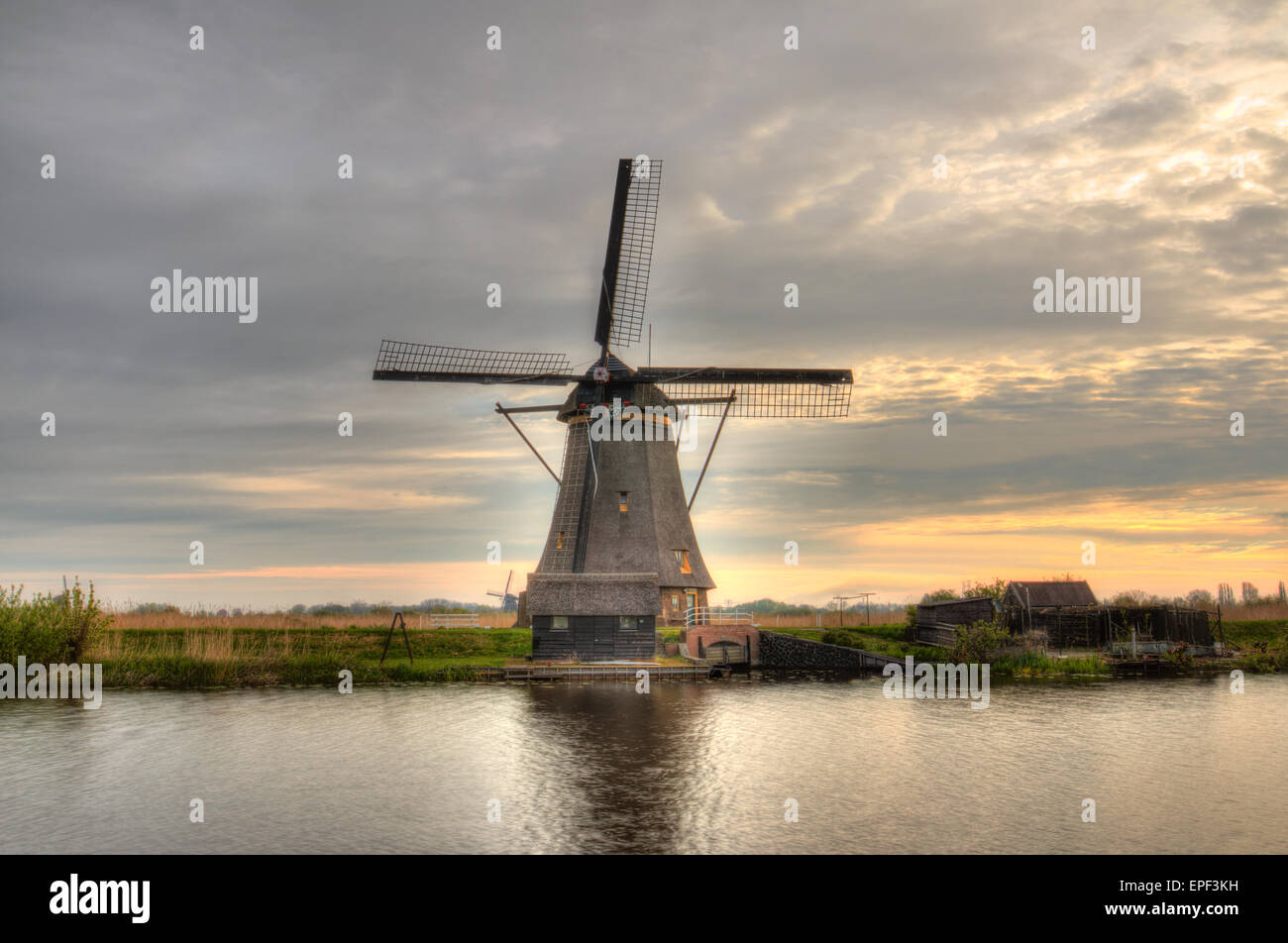 Windmühlen in Kinderdijk, Niederlande in Morgensonne Stockfoto