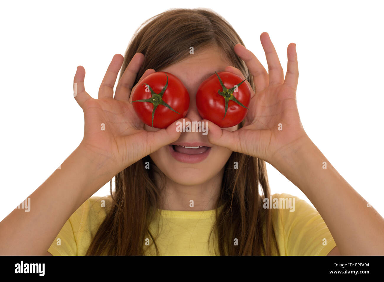 Gesunde Ern├ñhrung M├ñdchen Mit Tomaten Gem├╝se Auf Den Augen Stockfoto