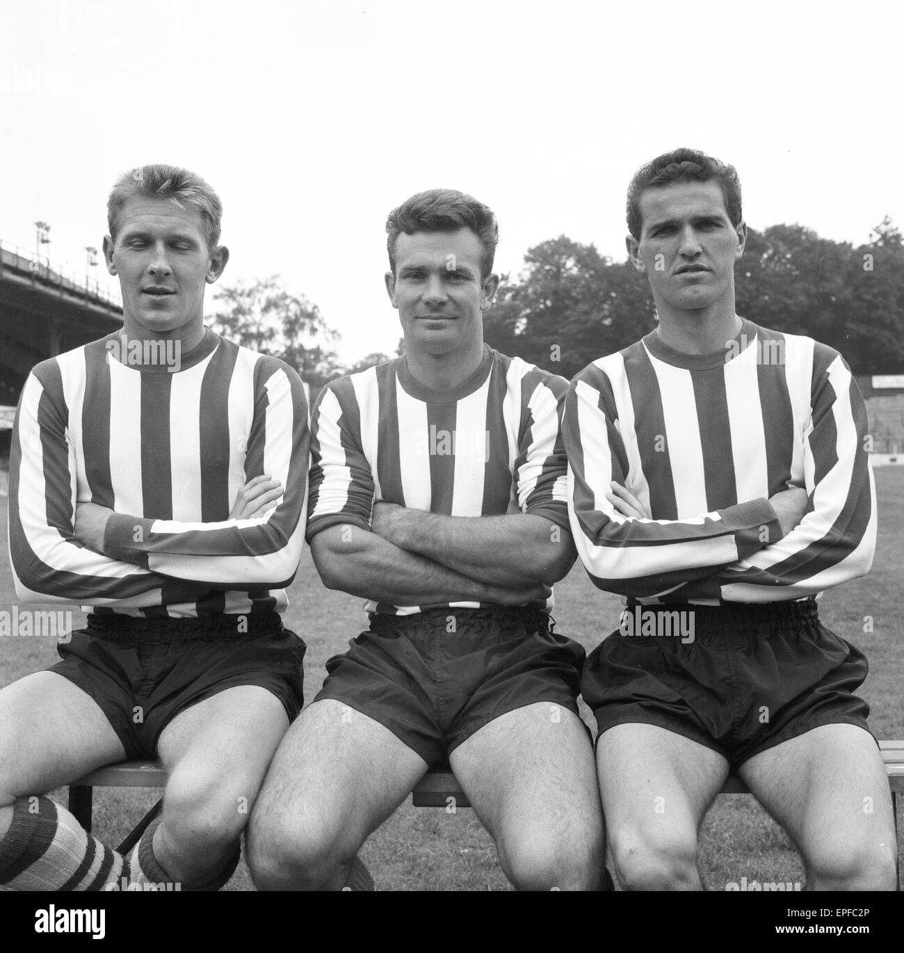 Southampton FC Vorsaison Fototermin, 13. August 1964. Von links nach rechts.  T Knapp, C Huxford, T Paine. Stockfoto