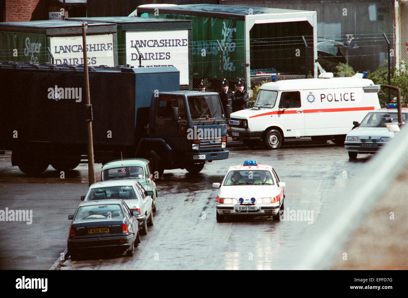 Strangeways Gefängnisaufstand April 1990.  Eine 25-Tag Gefängnisaufstand und Dachgarten protestieren im Strangeways Gefängnis in Manchester, England. Der Aufstand begann am 1. April 1990 Häftlinge übernahm die Kontrolle über die Gefängnis-Kapelle, als der Aufstand schnell zu verbreiten, in den meisten Stockfoto