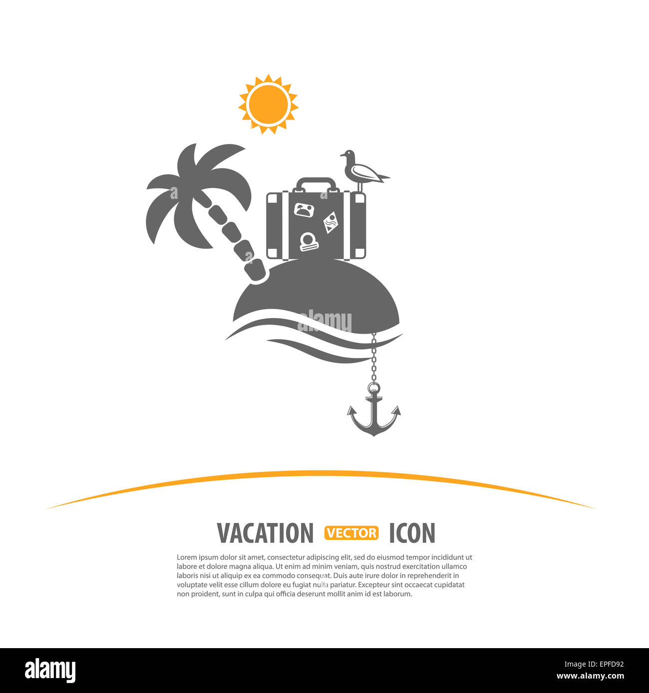 Reisen, Tourismus und Ferien-Logo-Design-Vorlage. Insel mit Palmen, Sonne, Koffer, Möwe und Anker-Ikonen Stockfoto