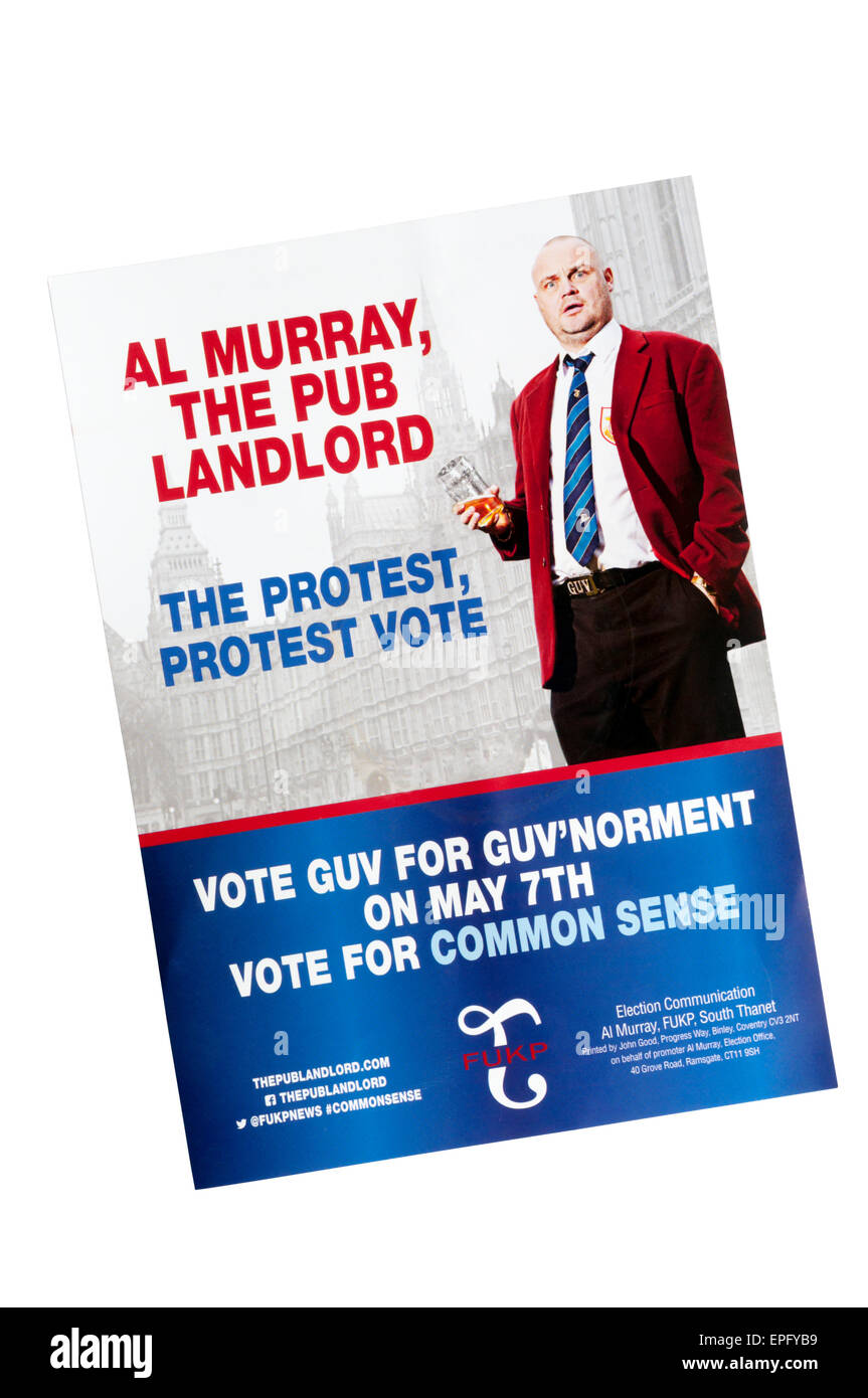 Eine Wahl-Broschüre für Al Murray, der Wirt der Kneipe, im Süden Thanet Wahlkreis bei den Parlamentswahlen 2015 stehen. Stockfoto