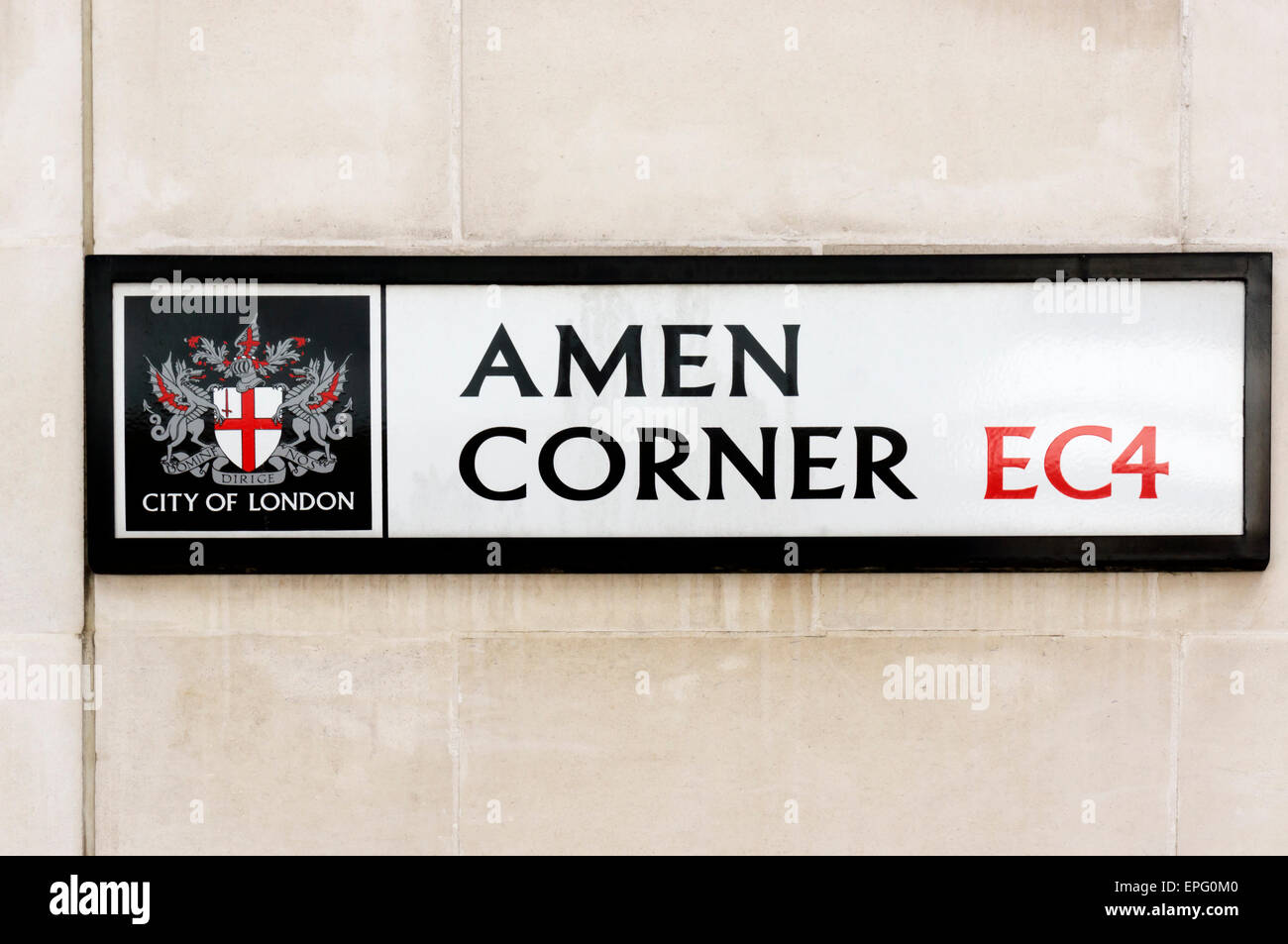 Melden Sie sich für Amen Corner in der City of London. Stockfoto
