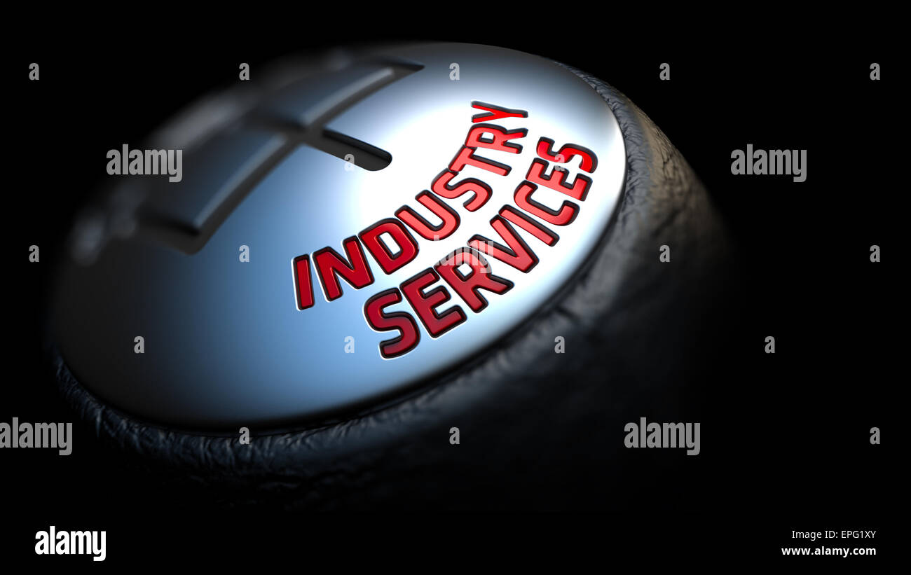 Industriedienstleistungen. Gear Shift mit rotem Text auf schwarzem Hintergrund. Selektiven Fokus. 3D Render. Stockfoto
