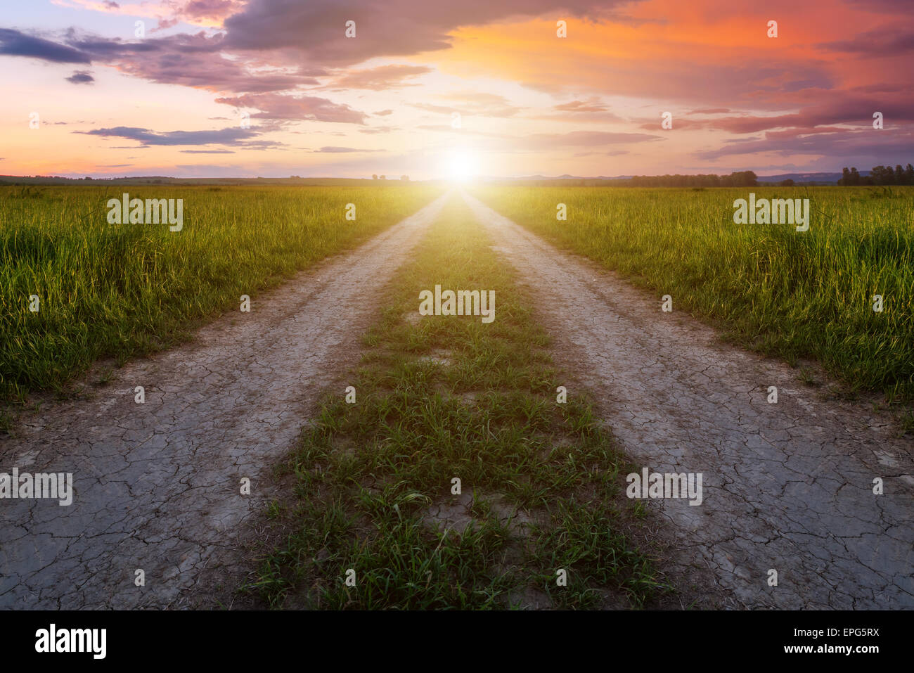 Landstraße und rosa Sonnenuntergang Stockfoto