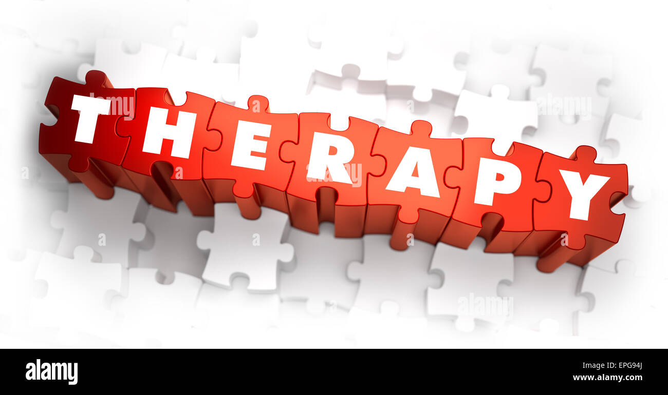 Therapie - Rätsel weiß Wort auf rot auf weißem Hintergrund. 3D Illustration. Stockfoto