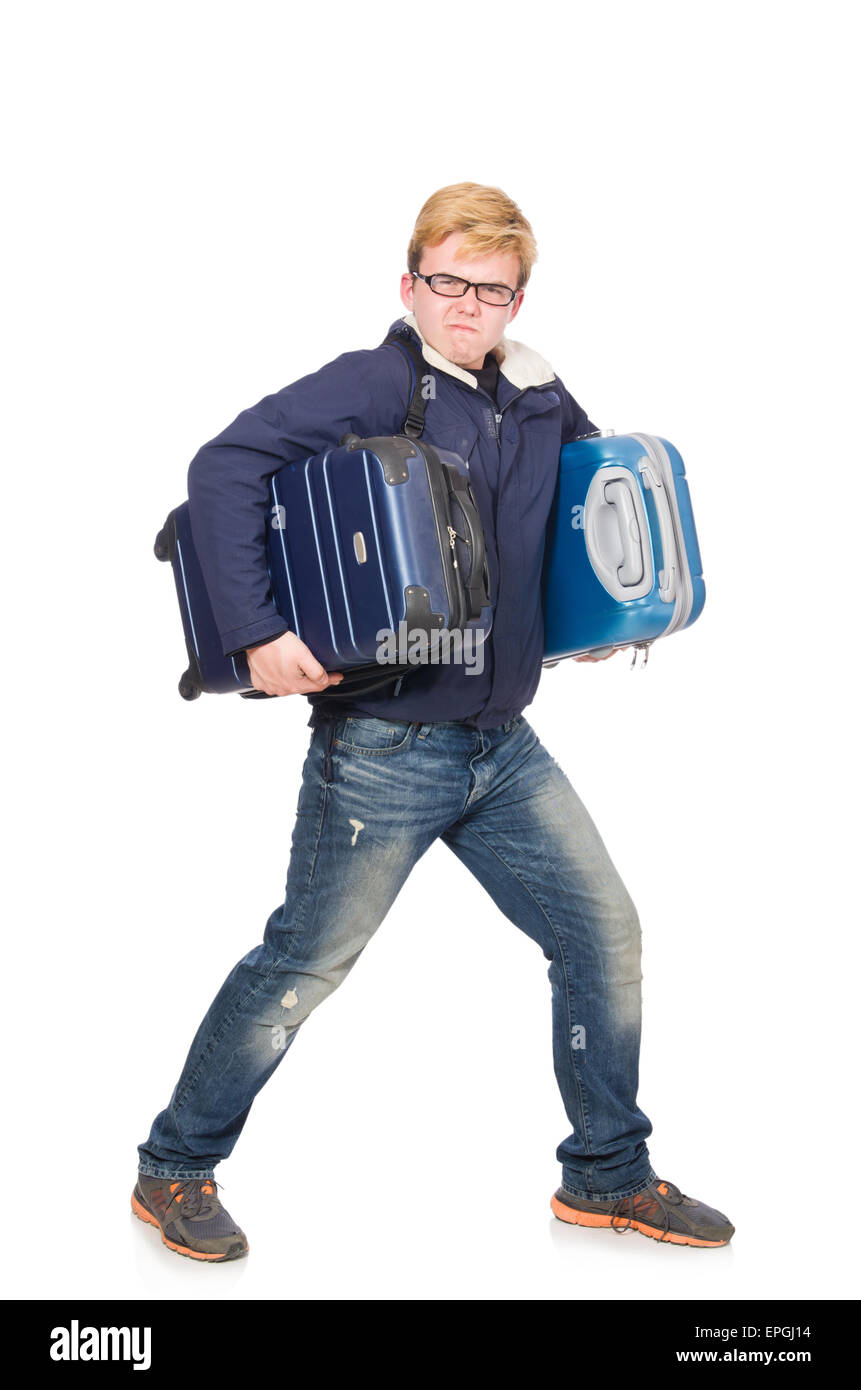 Lustiger Mensch mit dem Gepäck auf weiß Stockfotografie - Alamy
