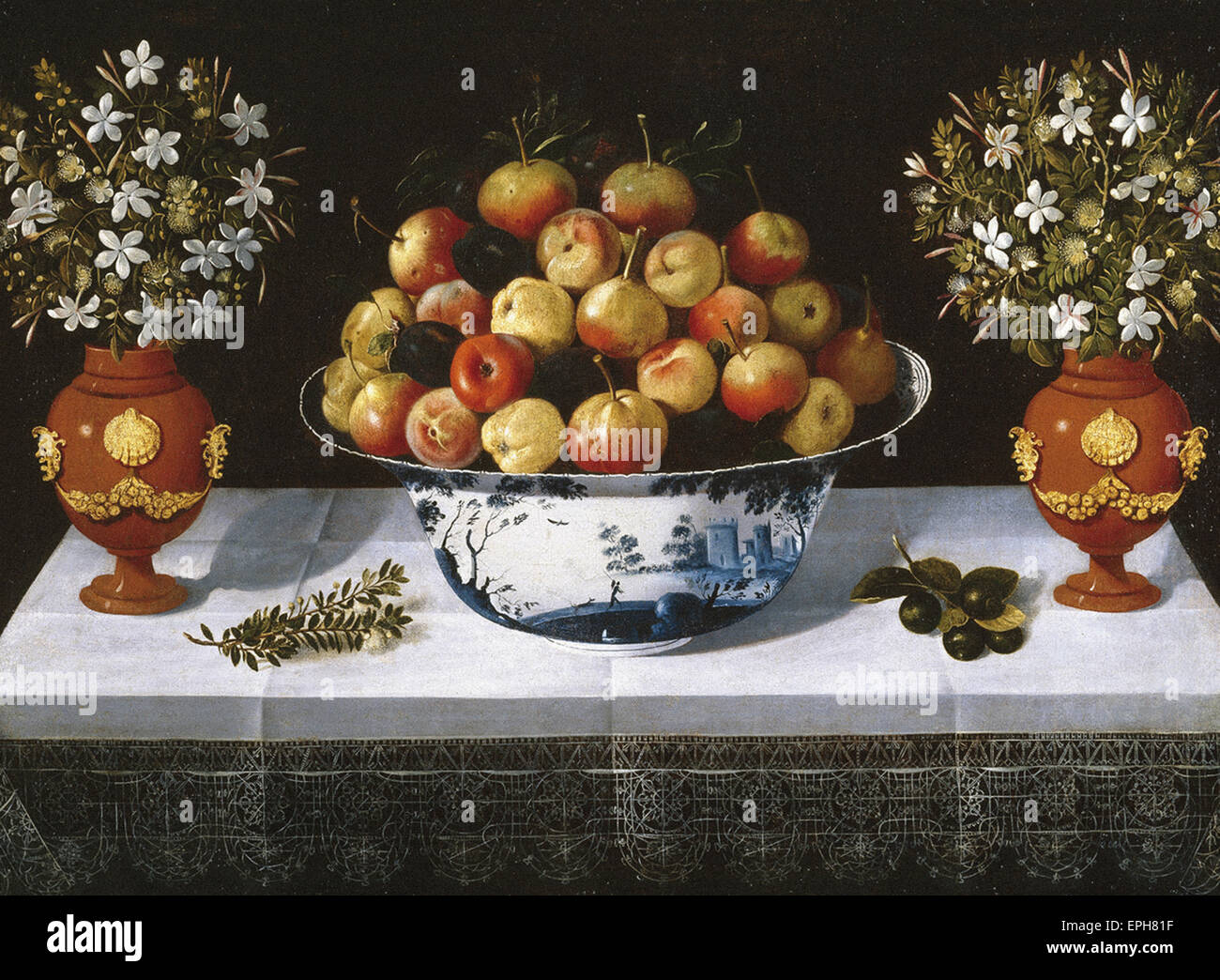 Tomás Hiepes Delft Obstschale und zwei Vasen Stockfoto