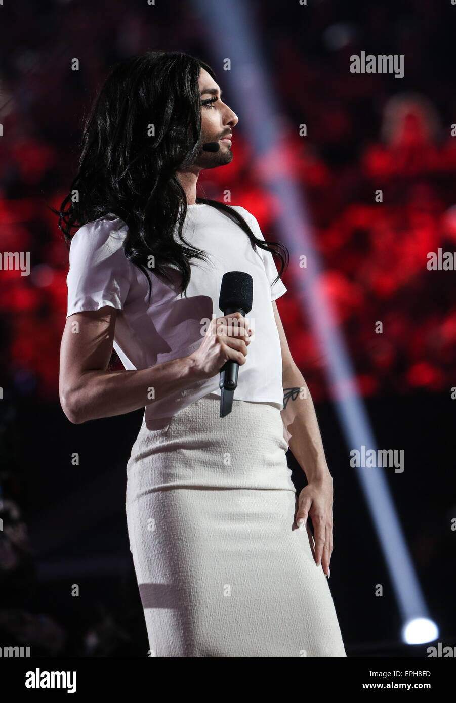 Wien Osterreich 18 Mai 15 Osterreichische Pop Sangerin Conchita Wurst Der Gewinner Der 14 Eurovision Song Contest Wahrend Eine Generalprobe Fur Das 1 Semi Finale Des 60 Jahrliche Eurovision Song Contest Zu Sehen Bildnachweis