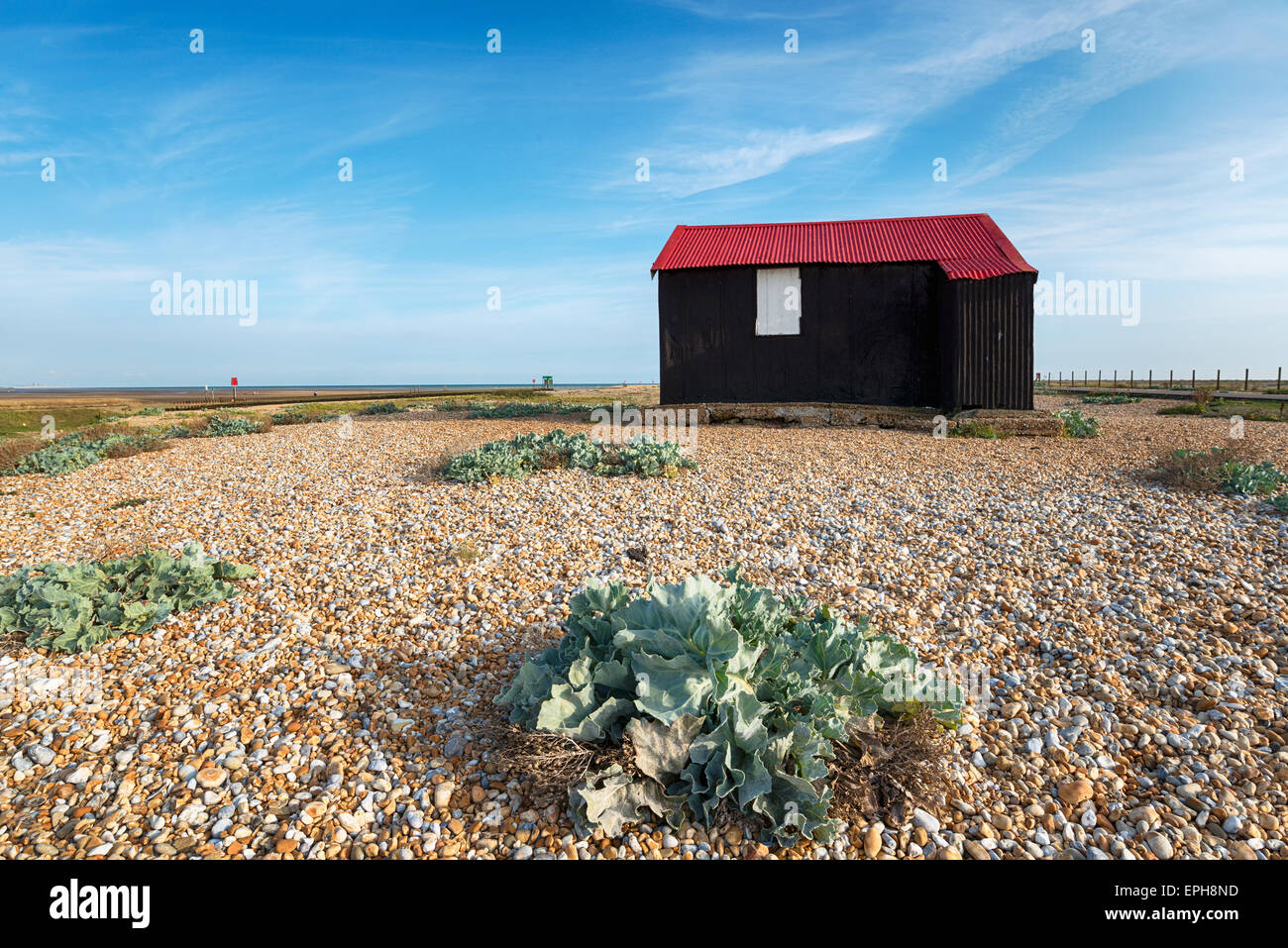 Der rot-Hütte am Strand am Hafen von Roggen in East Sussex Stockfoto