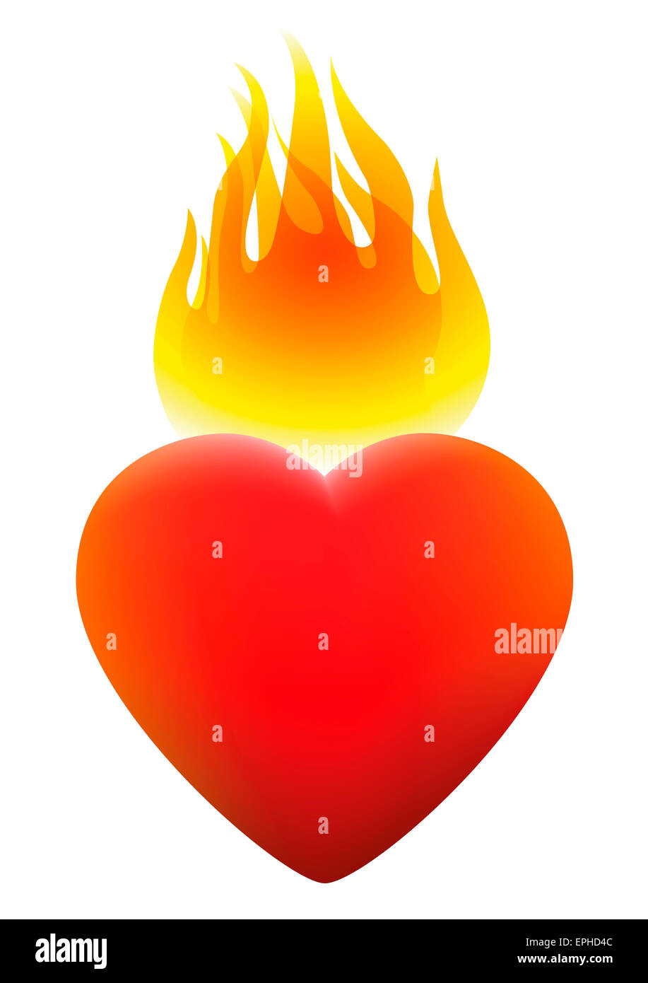 Brennende Herzen in Brand. Abbildung auf weißem Hintergrund. Stockfoto