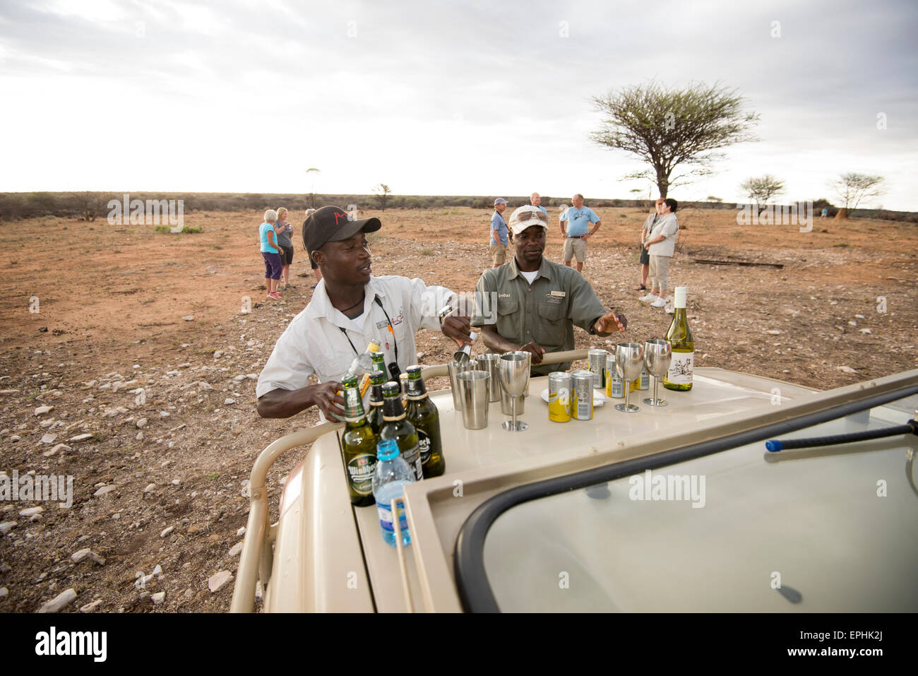 Afrika, Namibia. AfriCat Foundation. Reiseleiter Touristen Getränke vorbereiten. Stockfoto