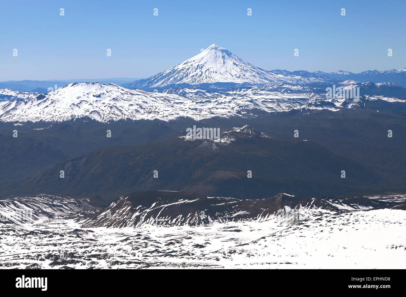 Panoramablick vom Villarica Vulkan, Chile. Stockfoto