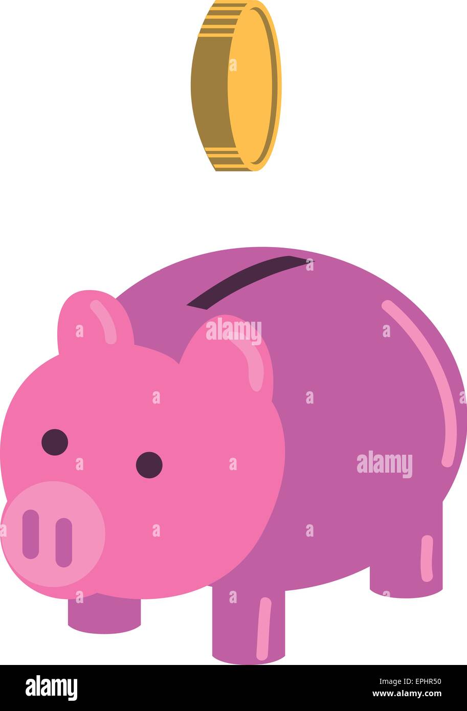 Vektor-Illustration. Geld-Konzept. Sparschwein mit Goldmünze auf weißem Hintergrund. Stock Vektor