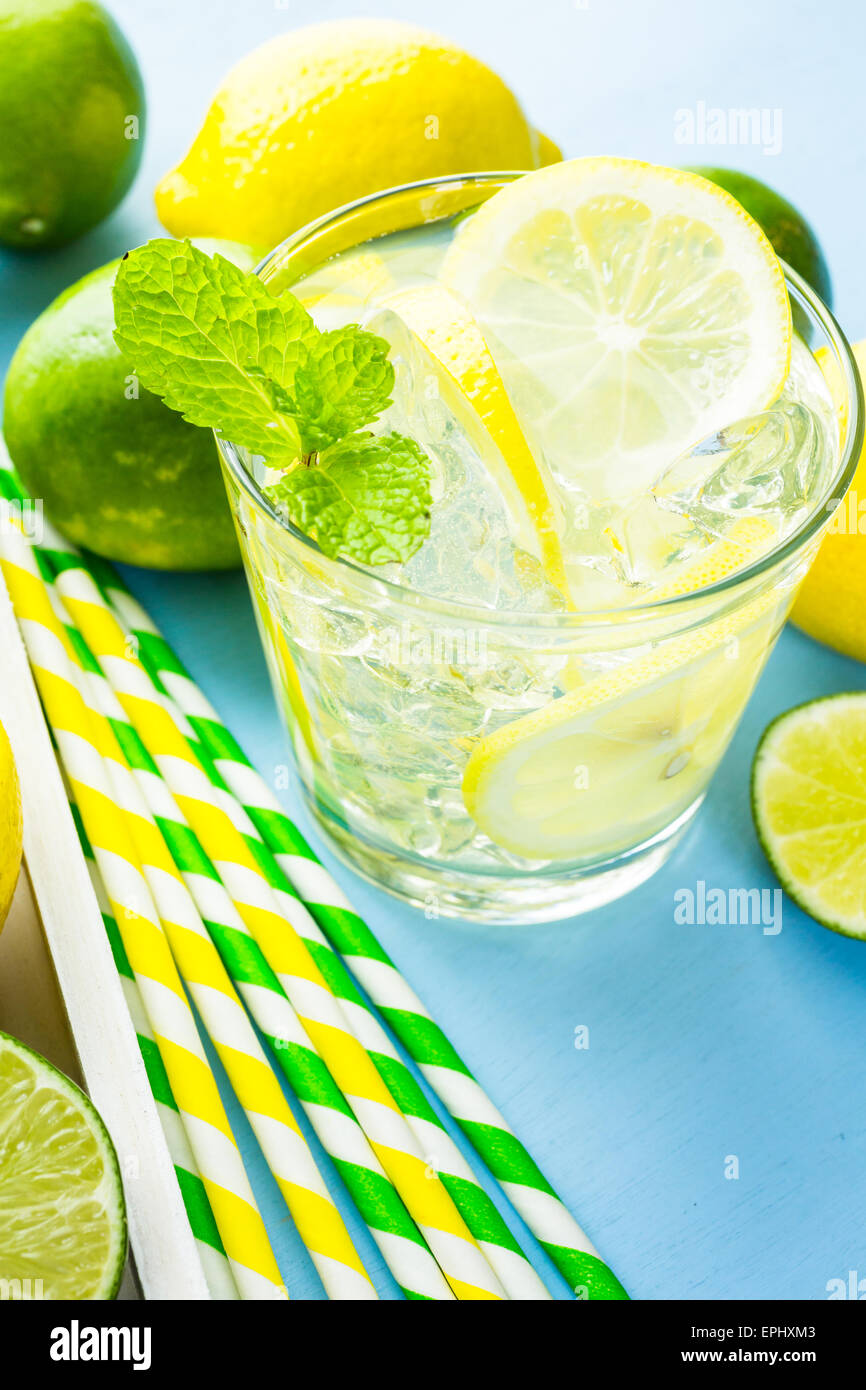 Infundierten Wasser mit frischen Zitrusfrüchten und Eis. Stockfoto