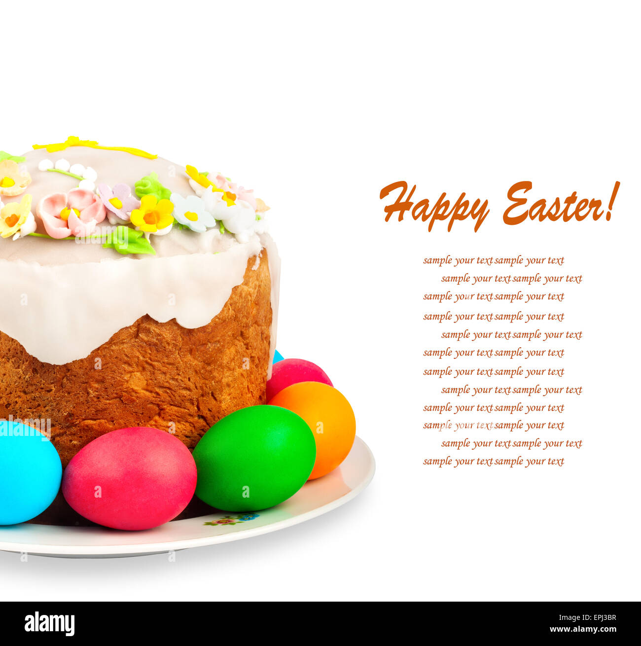 Bemalte Ostereier und leckeren Cupcake auf weißen Hintergrund isoliert Stockfoto