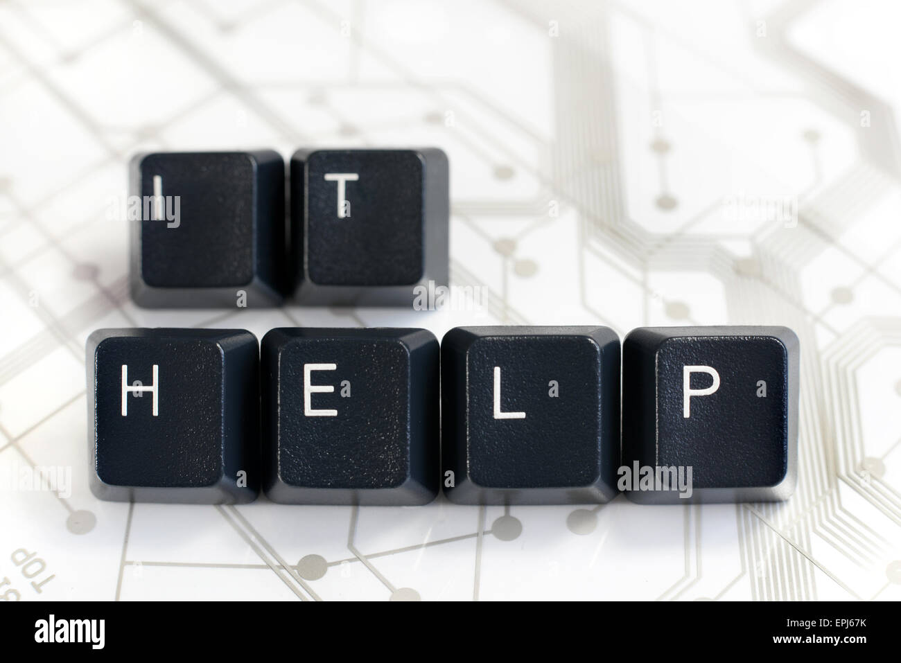 IT - Helpdesk - Hilfe Schwarz Tastatur Tasten es helfen auf weißer Platine Hintergrund Stockfoto
